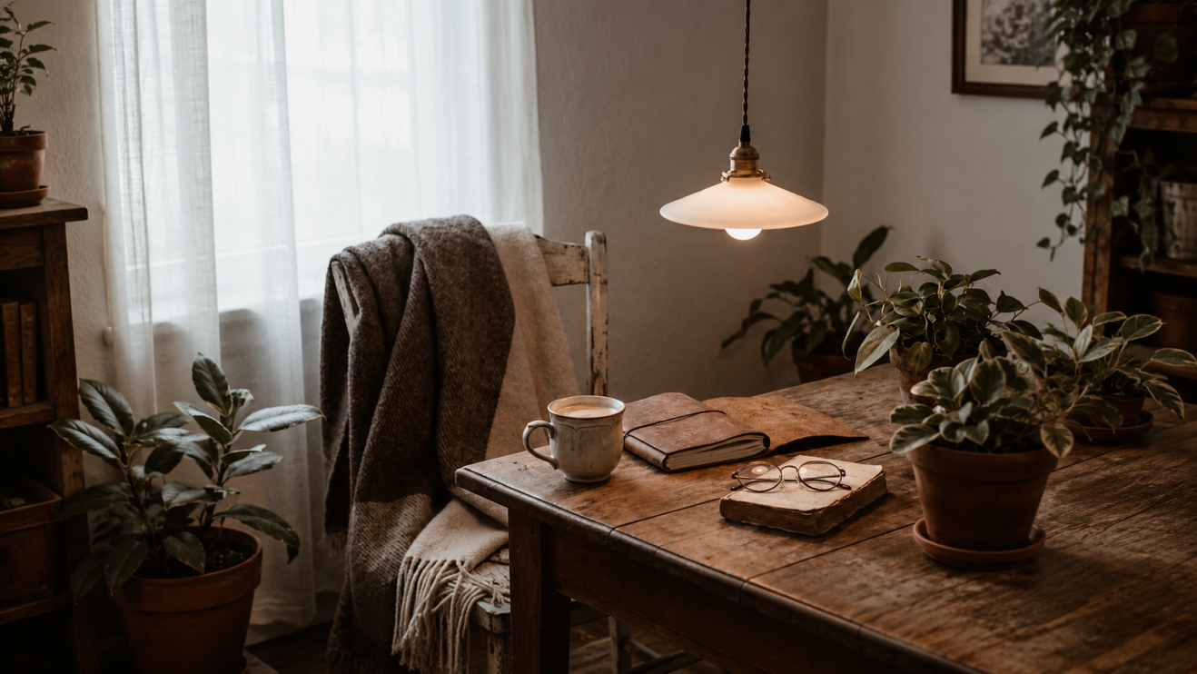 Um espaço criativo acolhedor com caderno, café, plantas e luz suave