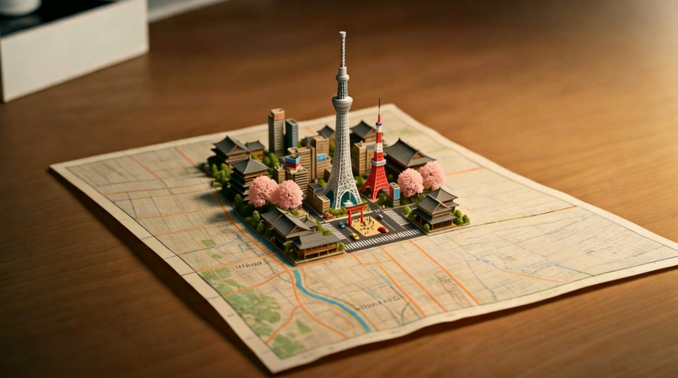 Um roteiro personalizado por Tóquio ganhando forma sobre um mapa de papel