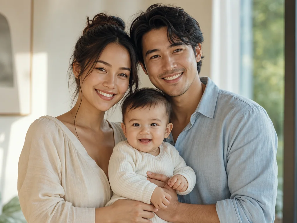 Warm family portrait with parents holding their baby