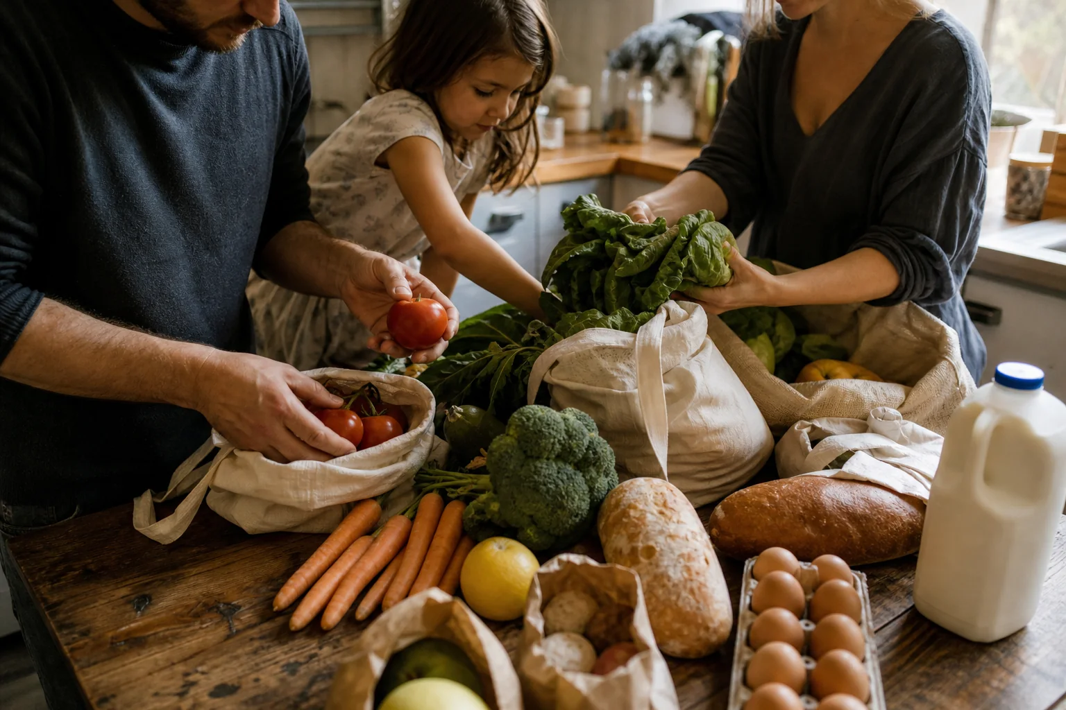 Family unpacking a weekly grocery shop around a kitchen table