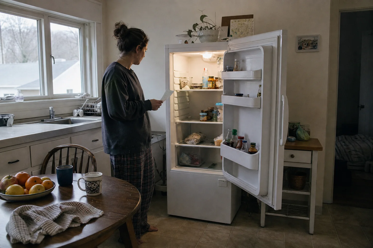 Person checking a home refrigerator before grocery shopping