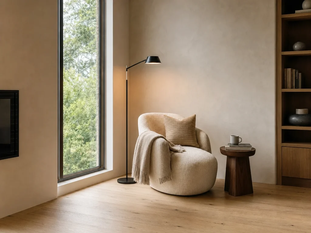 Reading nook after AI object removal, with the suitcase removed and floor reconstructed