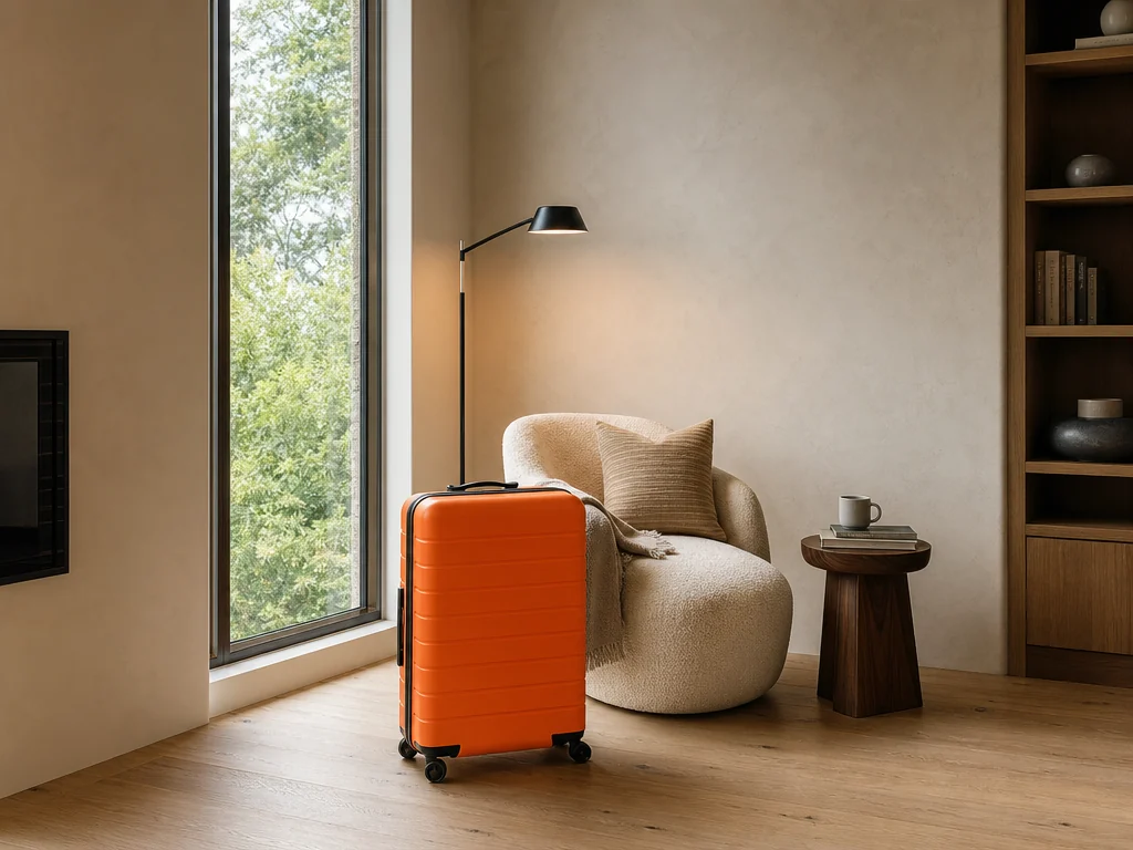 Reading nook before AI editing, with an orange suitcase in front of the chair