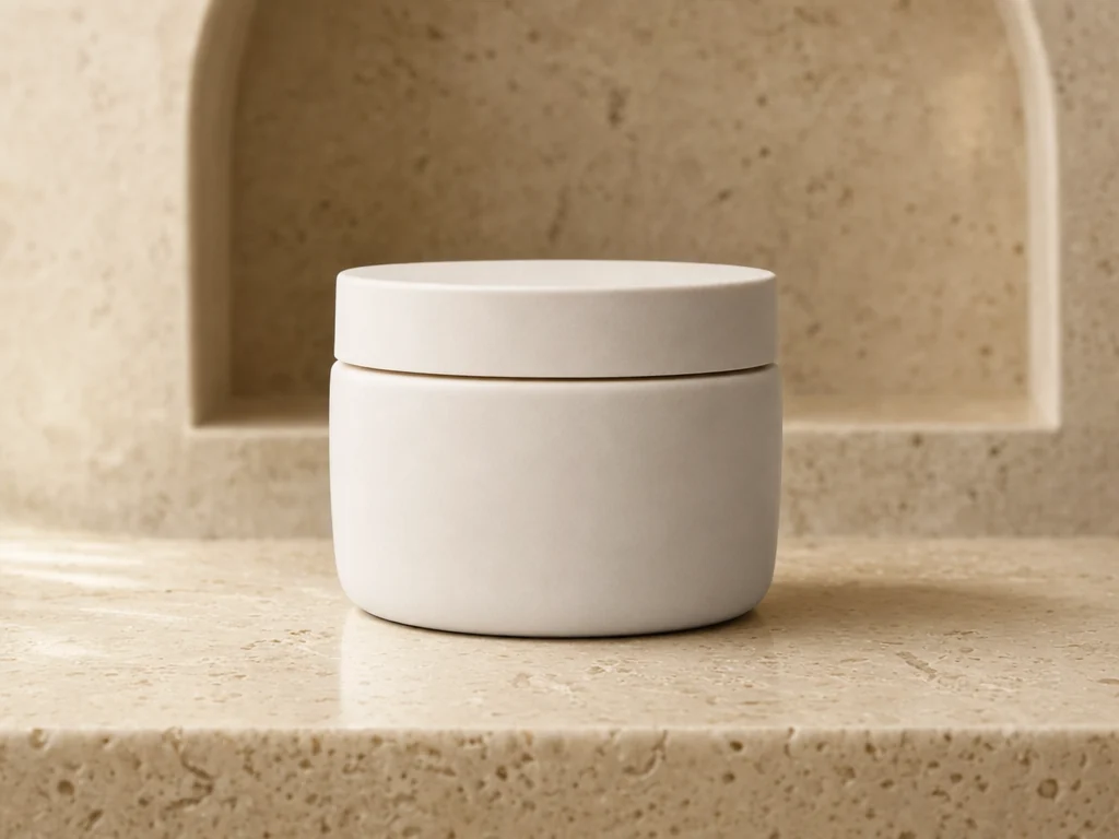 Ivory ceramic skincare jar on a warm travertine background after AI editing