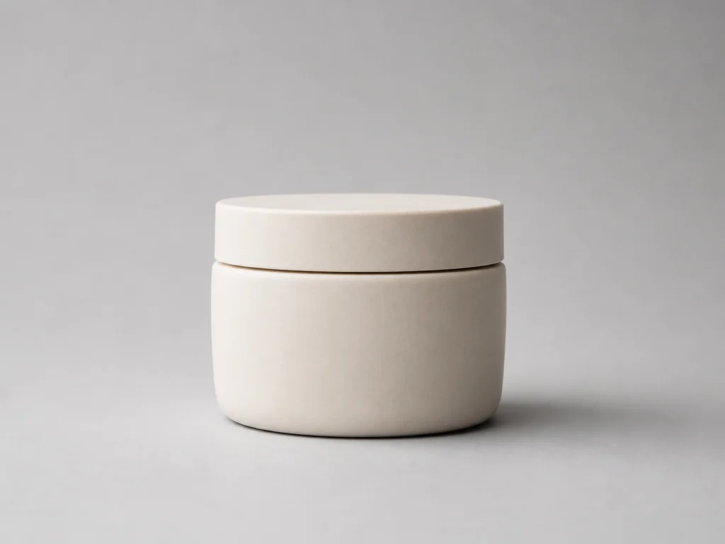 Ivory ceramic skincare jar on a plain gray studio background before editing