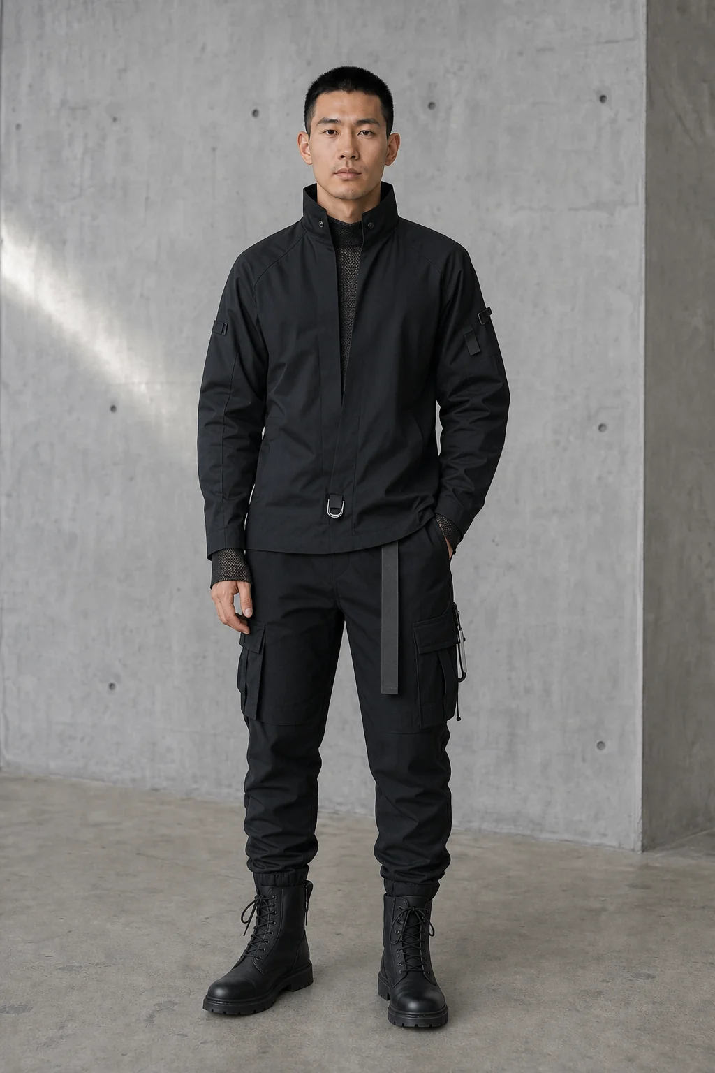 Full-body cyber goth outfit generated from a plain source photo