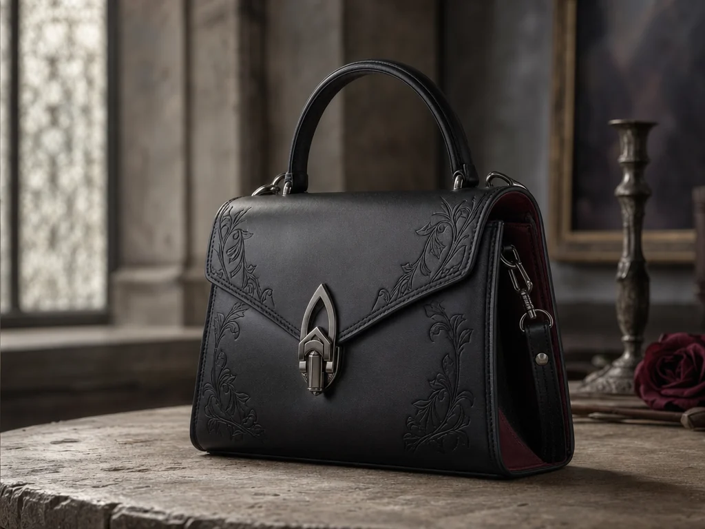 Black leather handbag with refined romantic goth styling