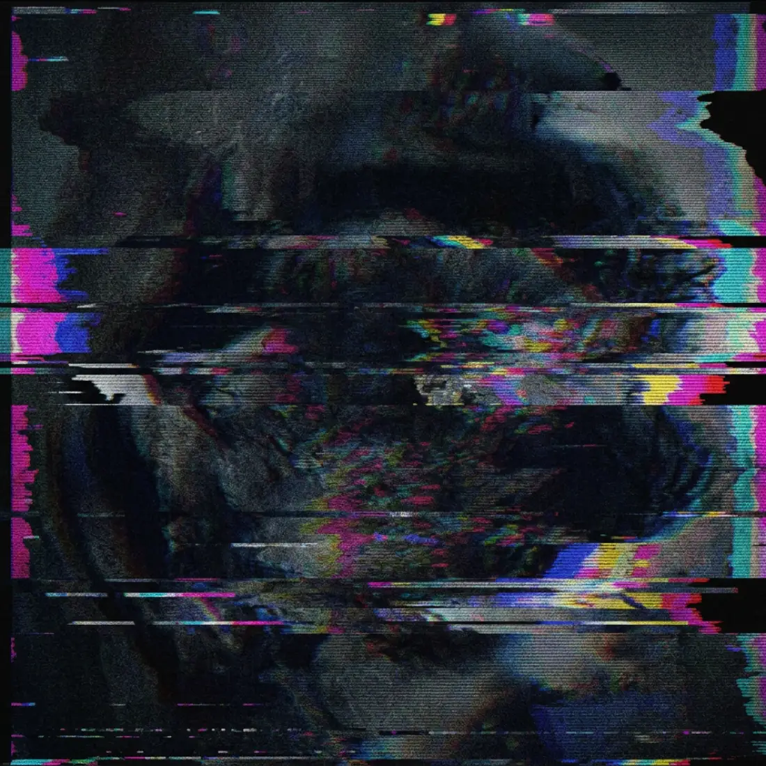 A dark video still with VHS tracking damage and colour bleed