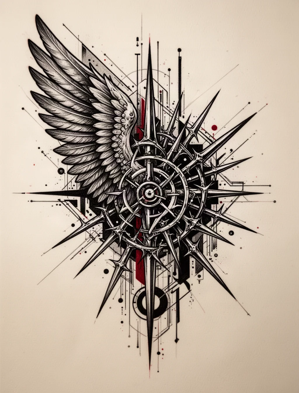 Avant-garde angel wing and cyber blackwork tattoo