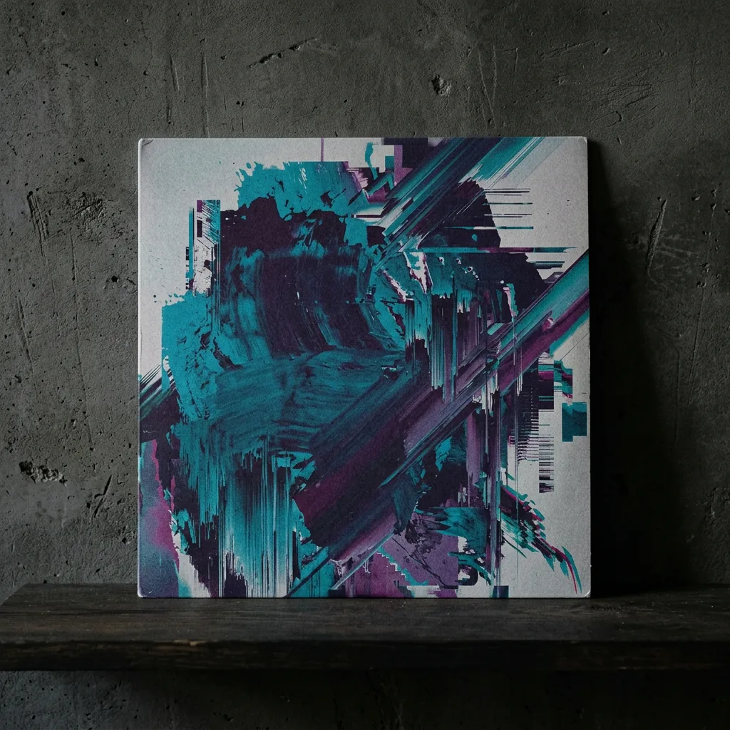 A square album sleeve with abstract datamosh artwork on a concrete wall