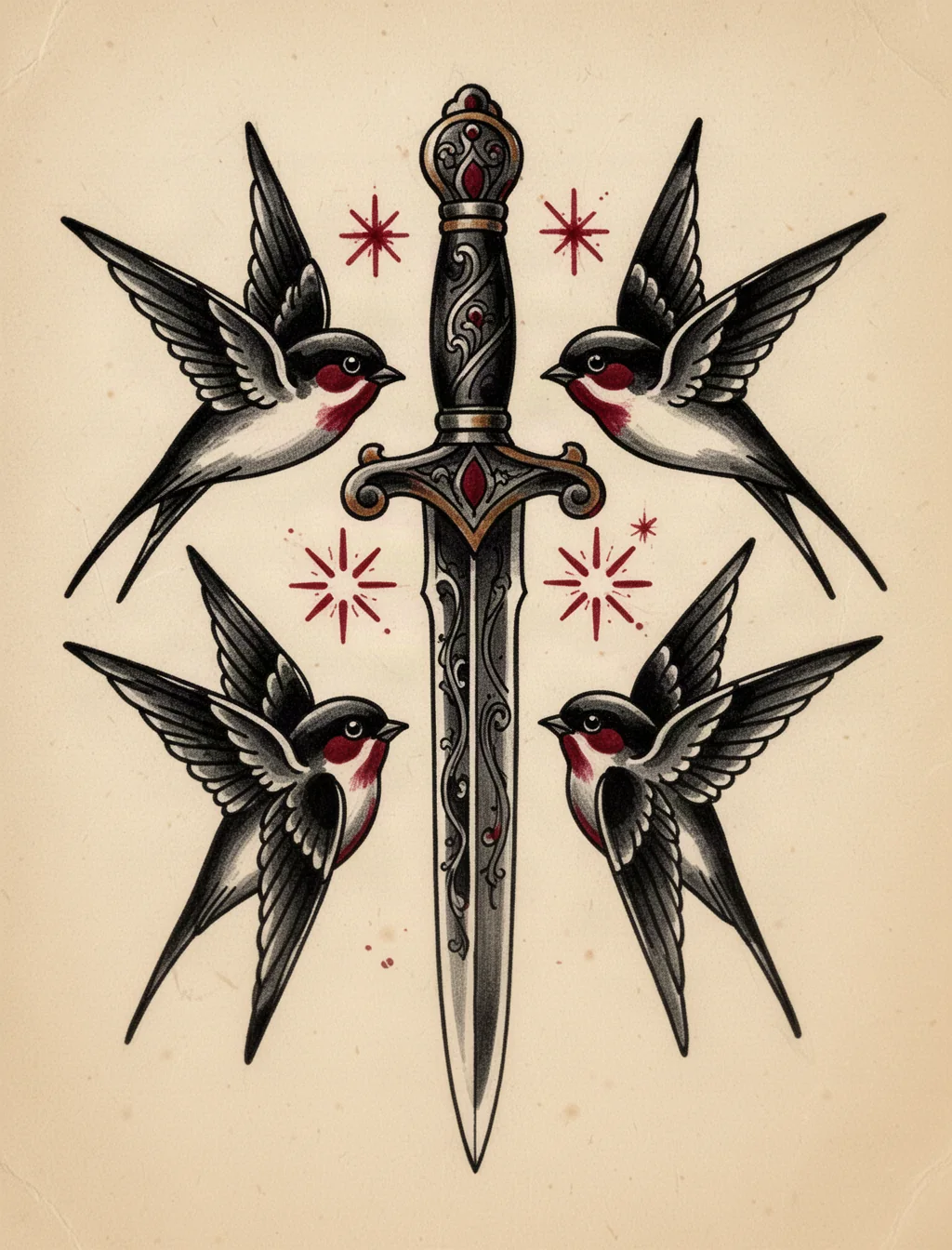 Traditional swallow and dagger tattoo flash