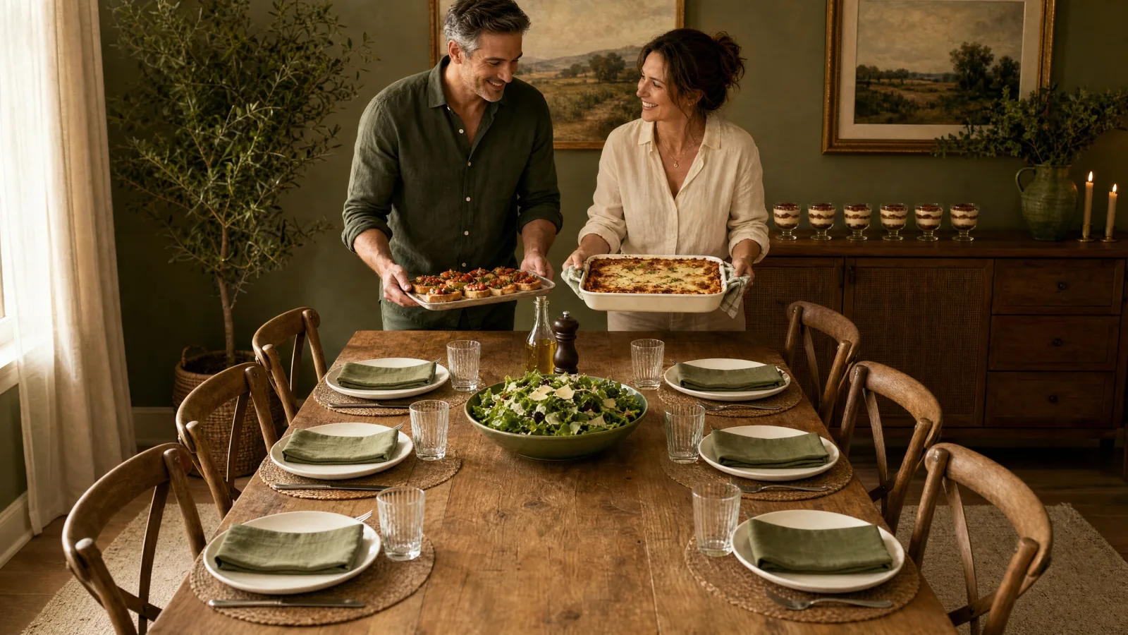 Menu request: Plan a simple three-course Italian dinner for six that I can mostly prepare ahead.