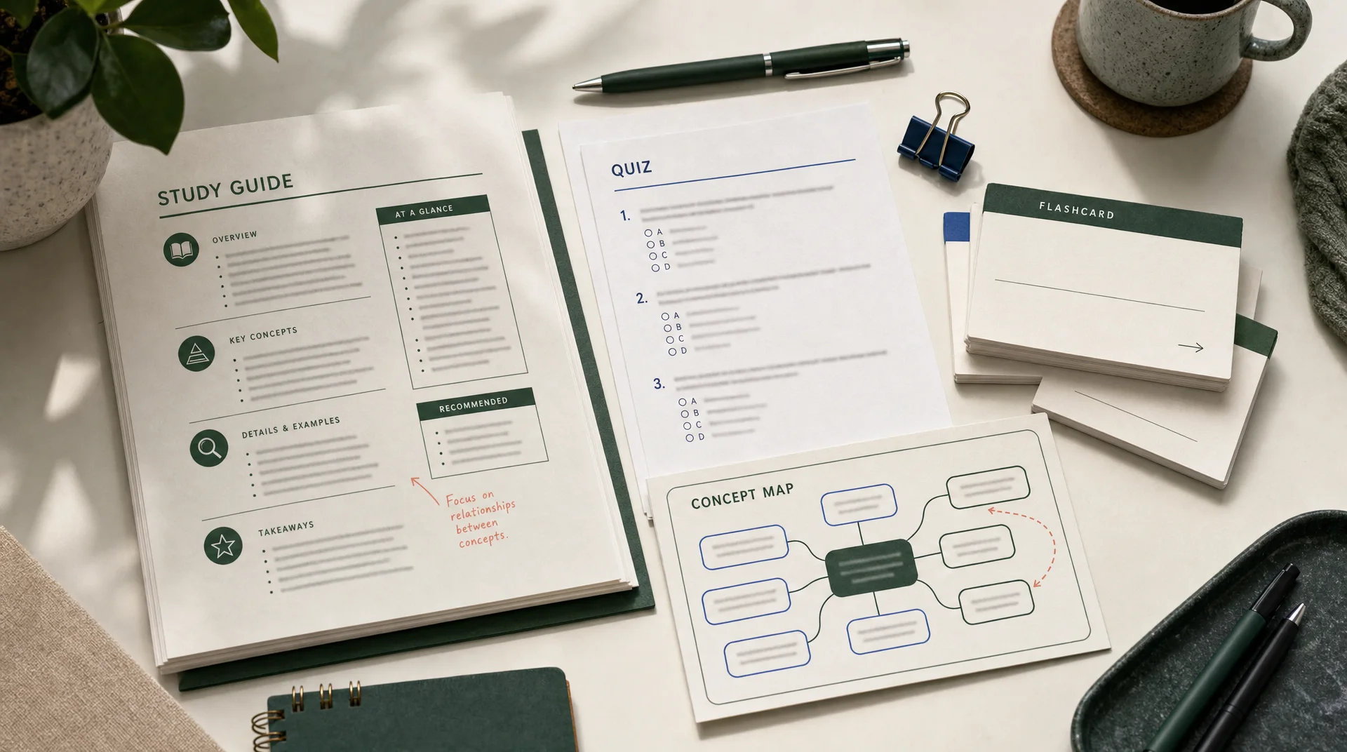 AI-generated study guide, quiz, and concept map