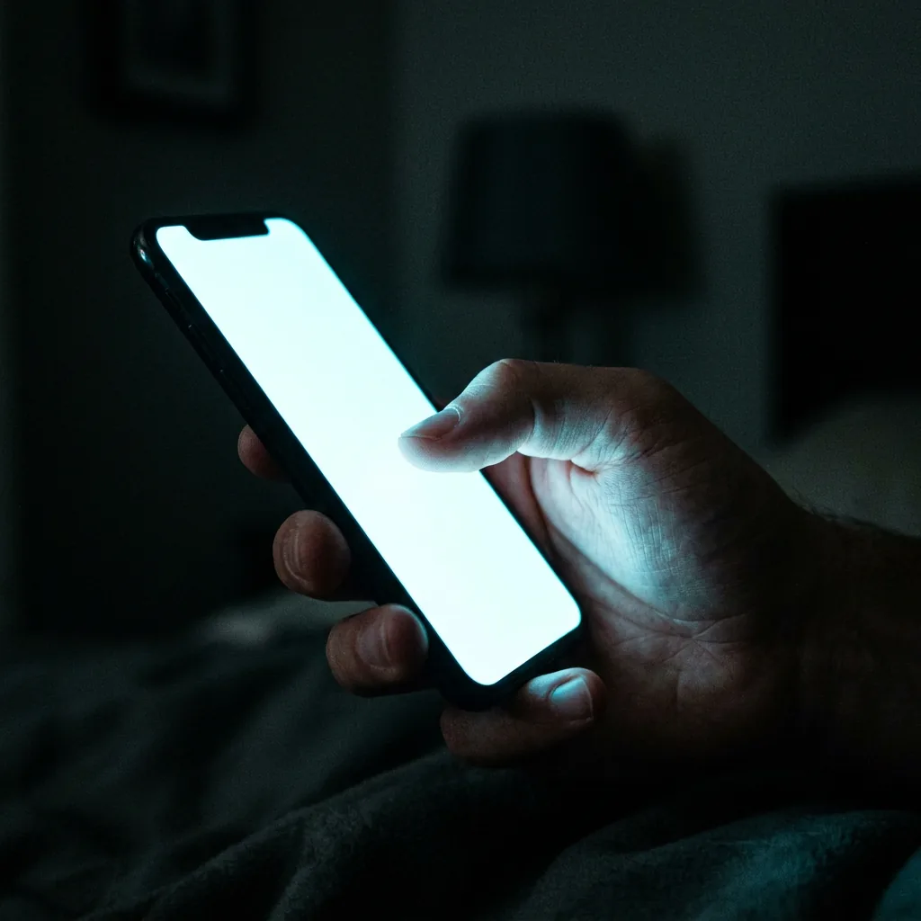 A hand holding a phone with a glowing screen in a dark room