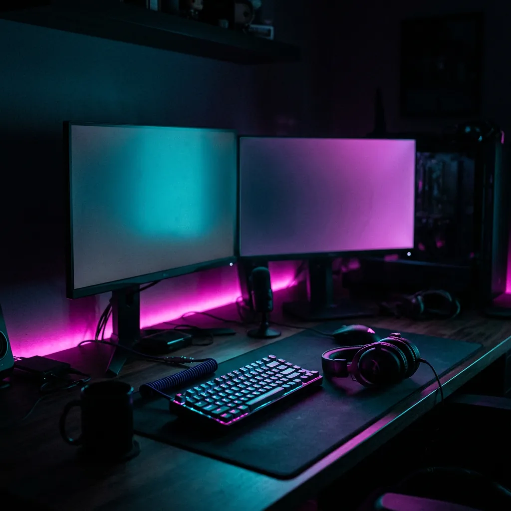 A dark gaming desk lit by monitor glow and a magenta light strip