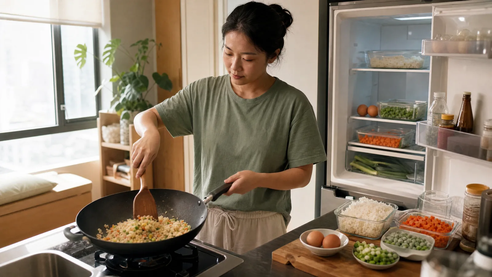 Leftovers: I have cooked rice, two eggs, frozen peas, carrots, and scallions. Give me two quick dinner options for one person.