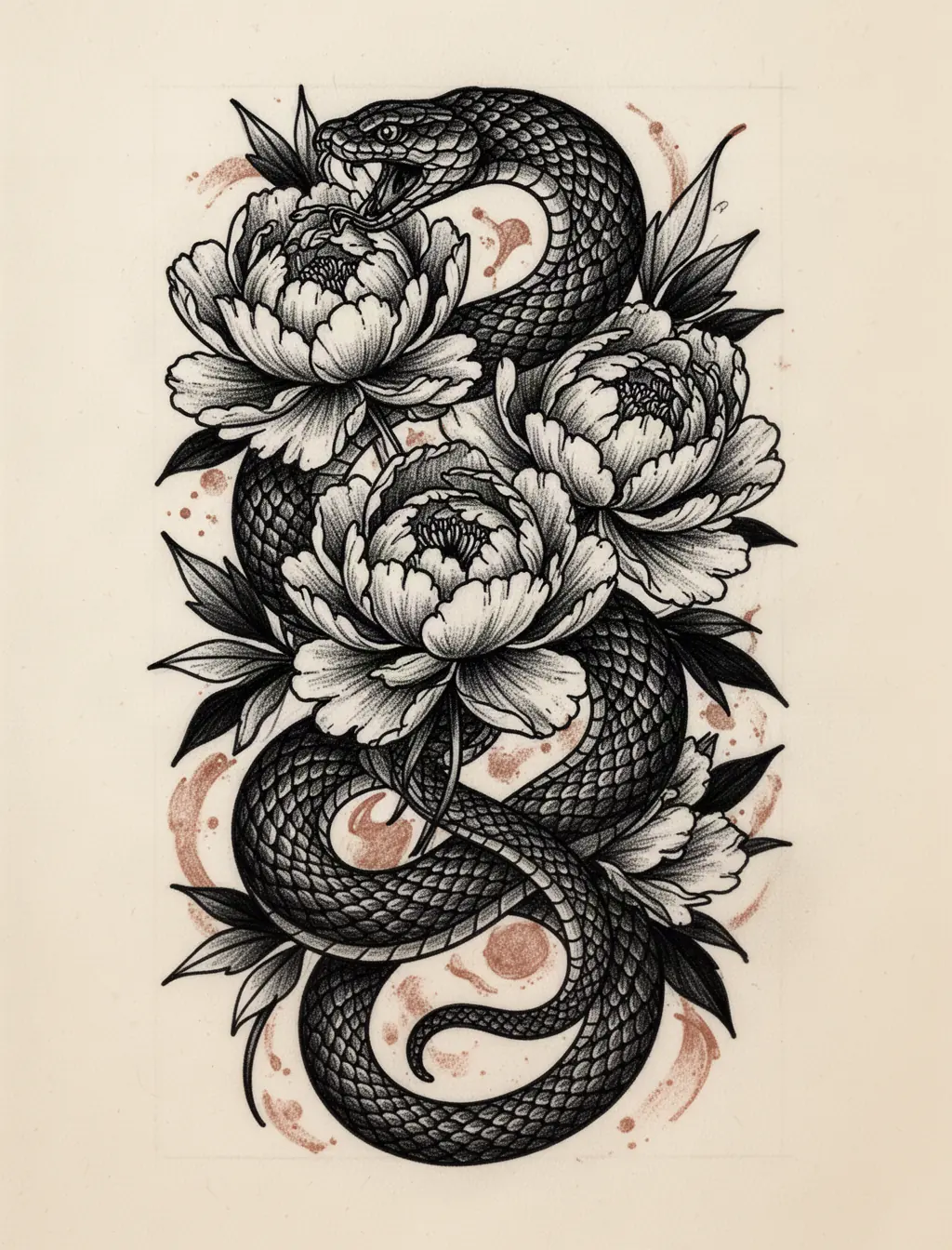 Blackwork serpent and peony tattoo flash