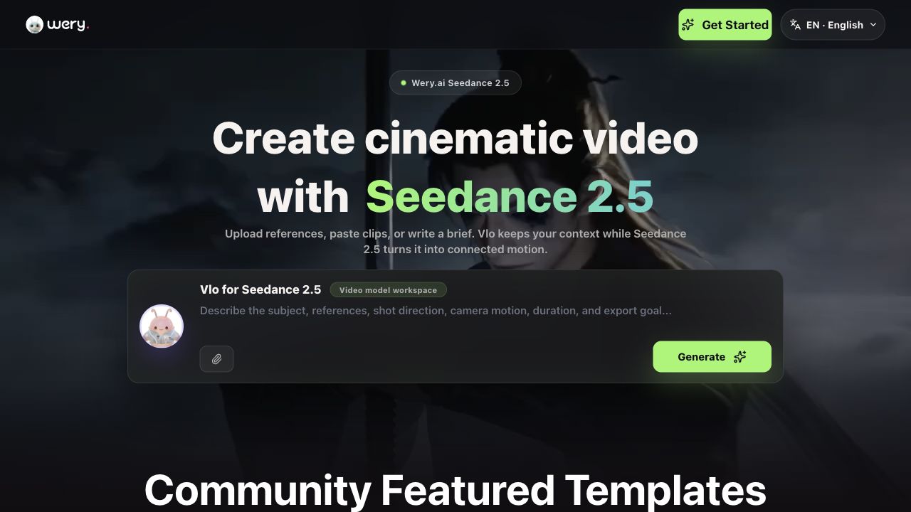Wery.ai Vlo 工作區中的 Seedance 2.5 影片生成