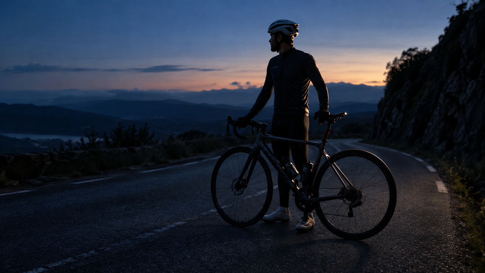 Um ciclista e uma bicicleta separados de uma estrada escura por uma luz de aro restrita na hora azul.