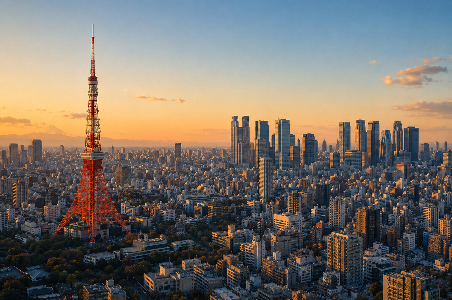 夕陽下的東京鐵塔及周邊城市天際線原始參考照片。