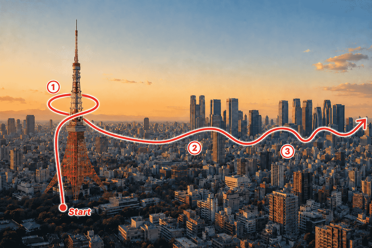 在同一張城市照片上手繪路線，繞過東京鐵塔並穿行於建築之間。