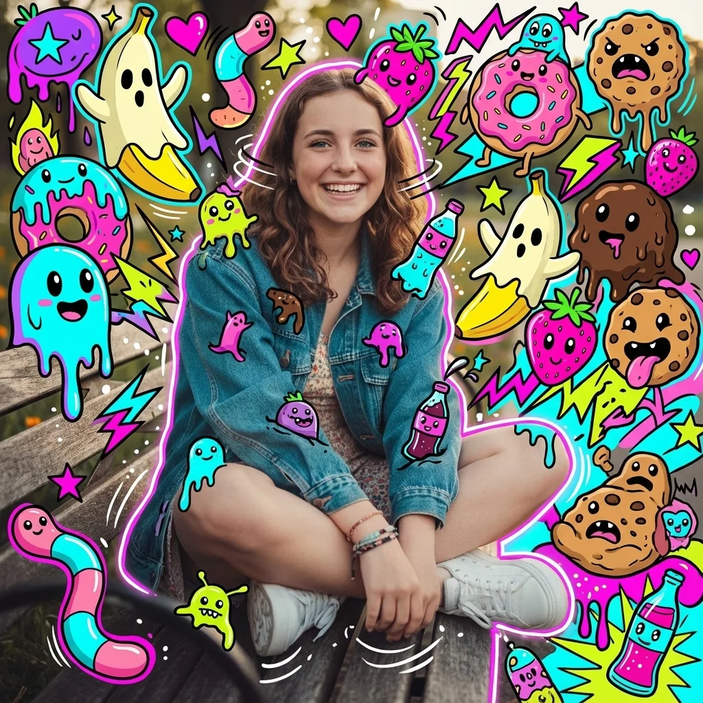 Pop-art-overlay med neon-slikmonster