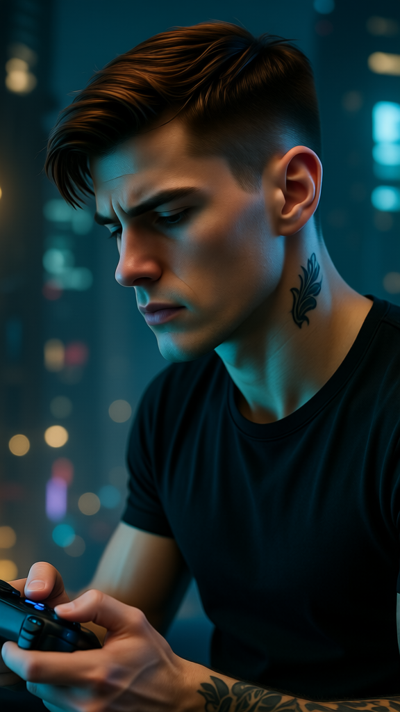 AI generated image using QWEN: Close-up shot, male profile, sharp jawline, slightly furrowed brow, head down, f...