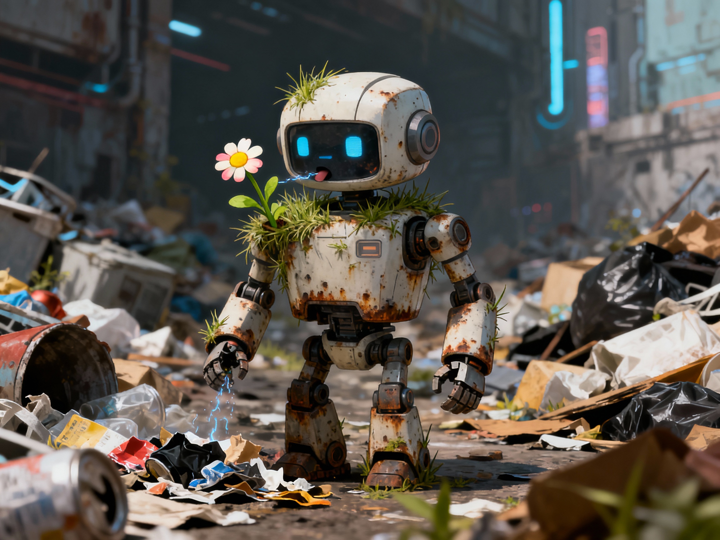 AI generated image using SEEDREAM_4: In a future world where garbage pollution is severe, there is a robot that can "...