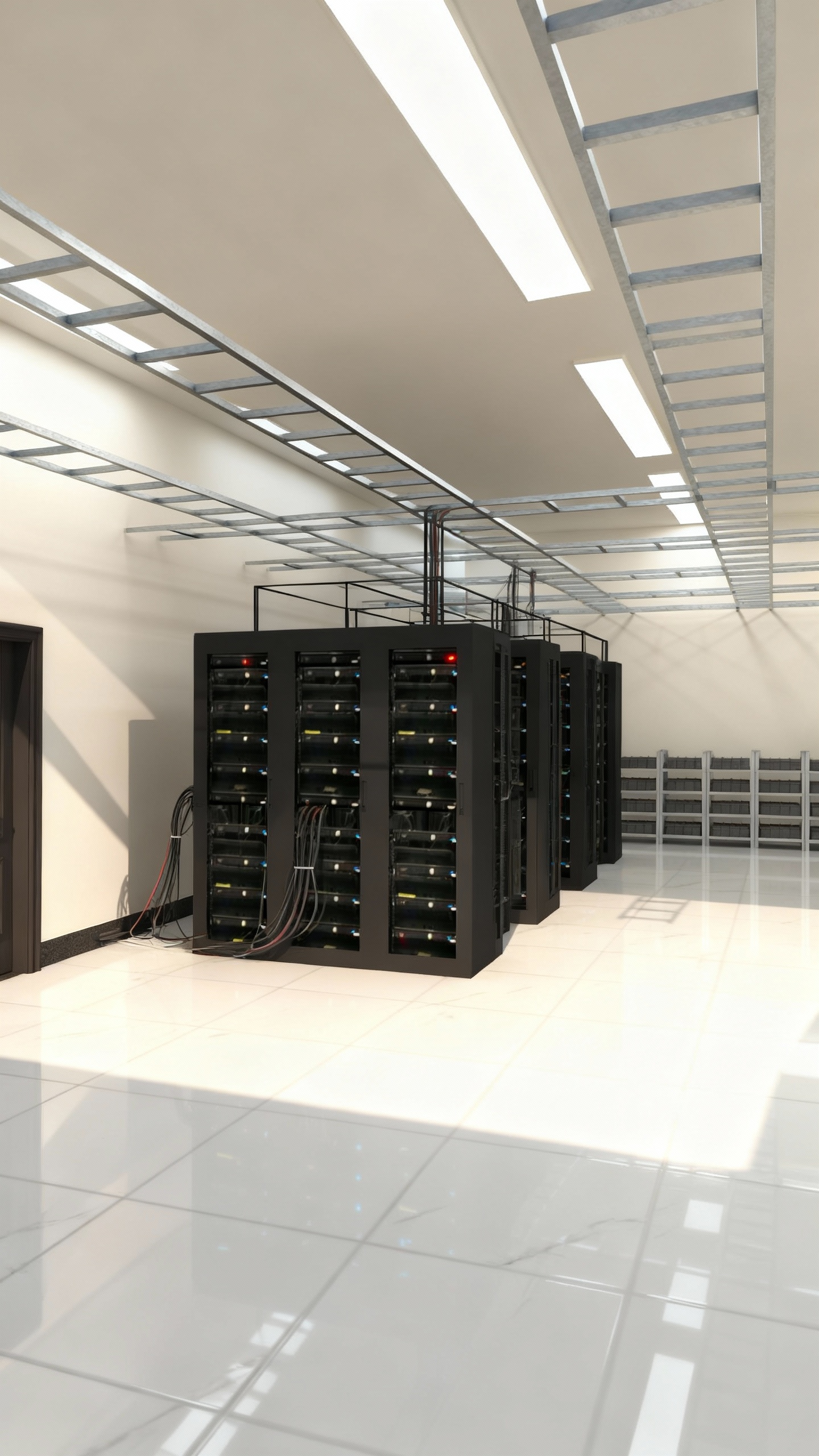 AI generated image using SEEDREAM: This is a rendering of the interior of a server room. The image shows equipment,...
