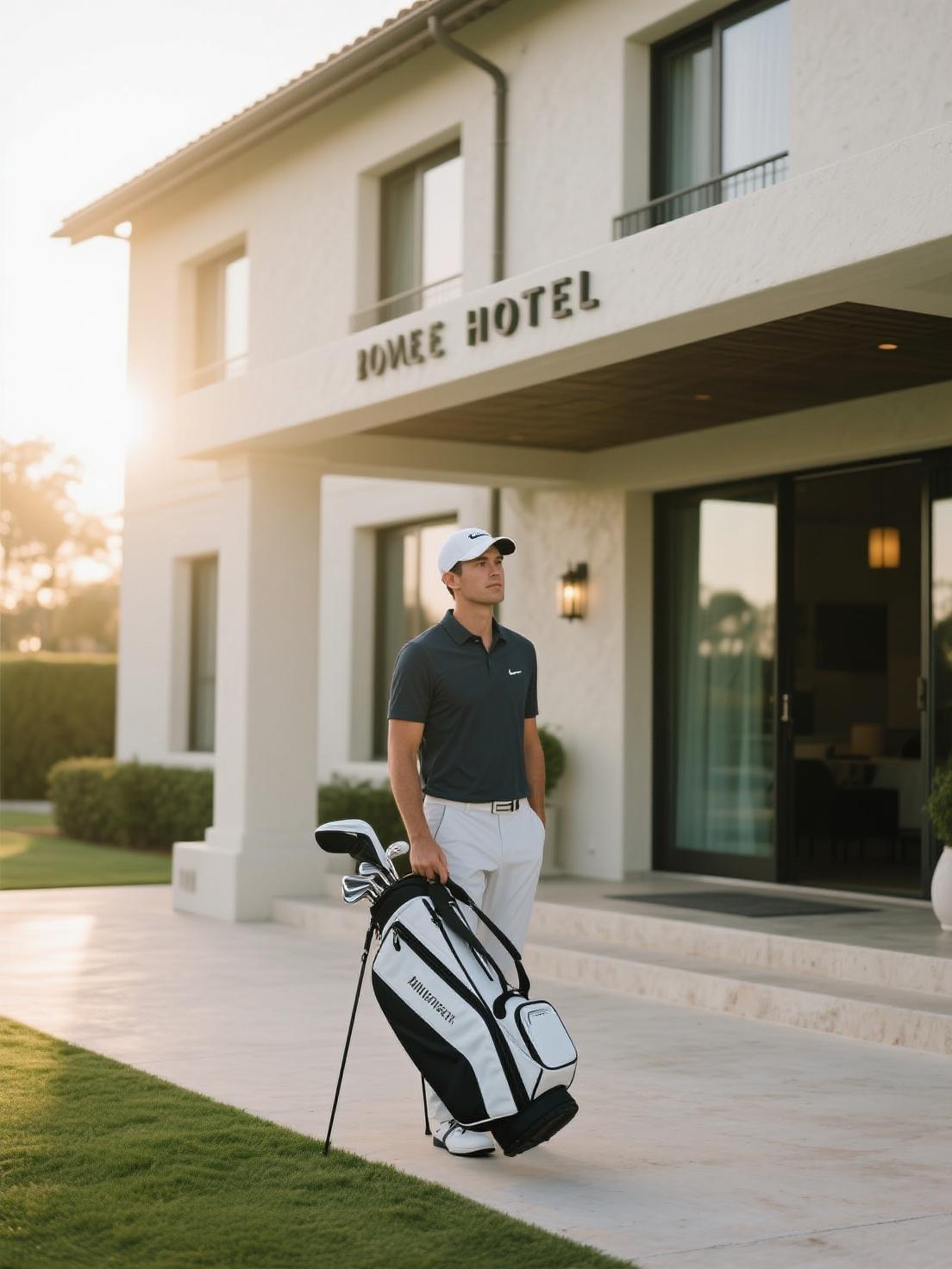 AI generated image using DREAMINA_3: Modern lifestyle golf photo. A golfer standing outside a boutique hotel with a m...