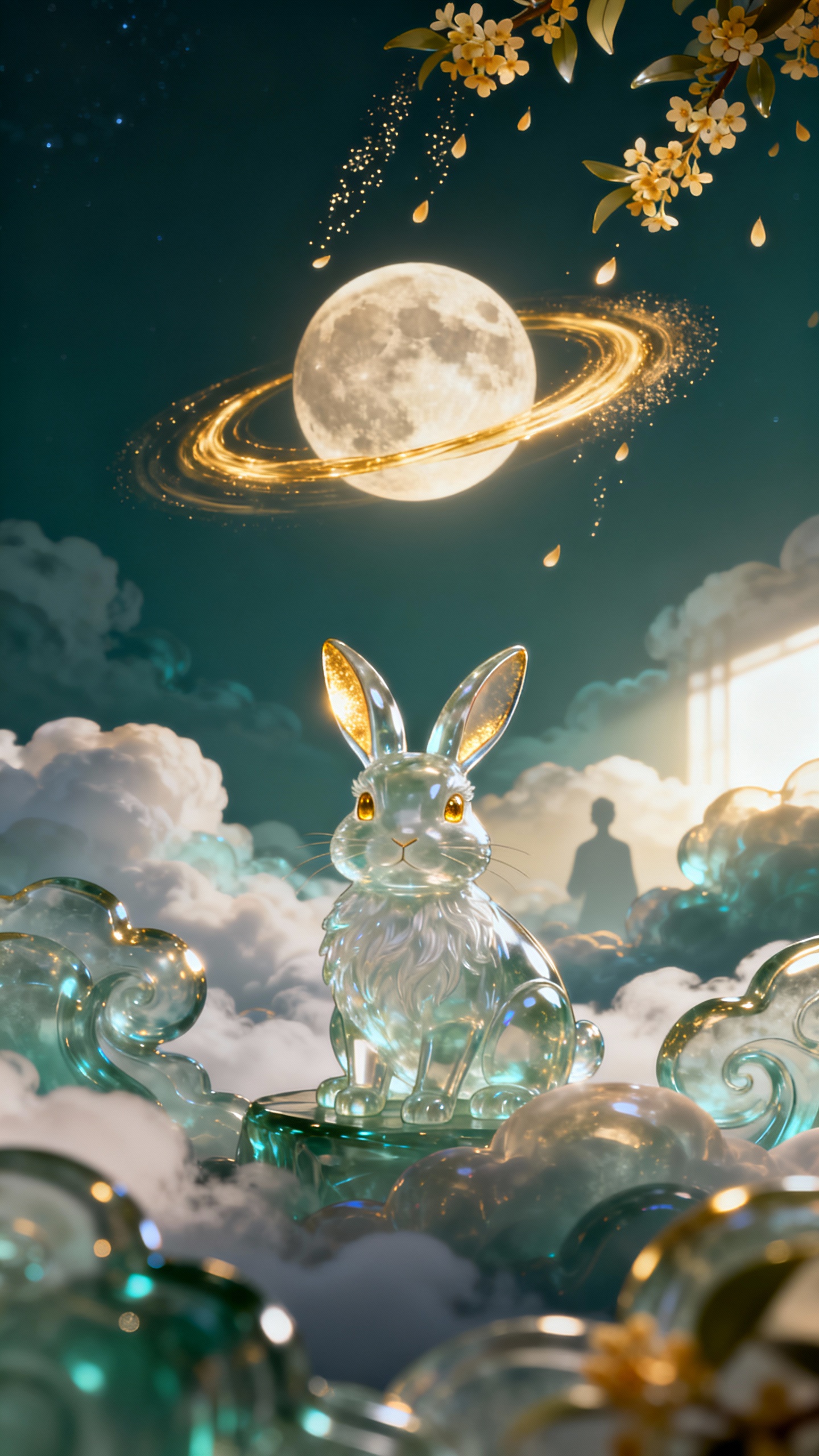 AI generated image using SEEDREAM_4: [3D anime style + glass texture + dark cyan and gold tone + flowing light effect...