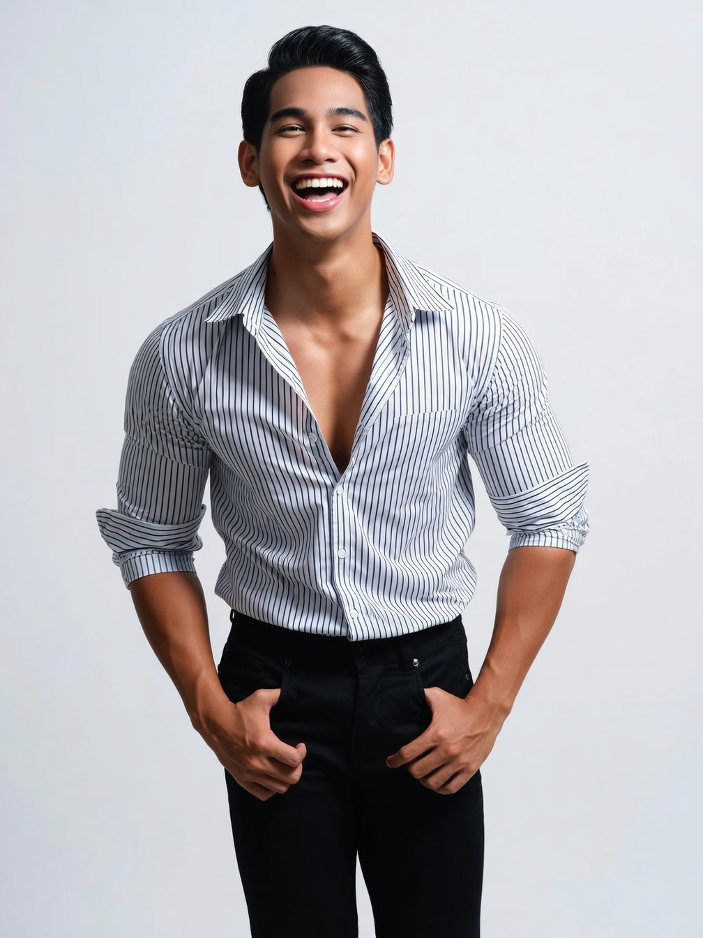 AI generated image using WAN_2_5: A young and handsome Malaysian male model, wearing a stylish shirt, with a happy...