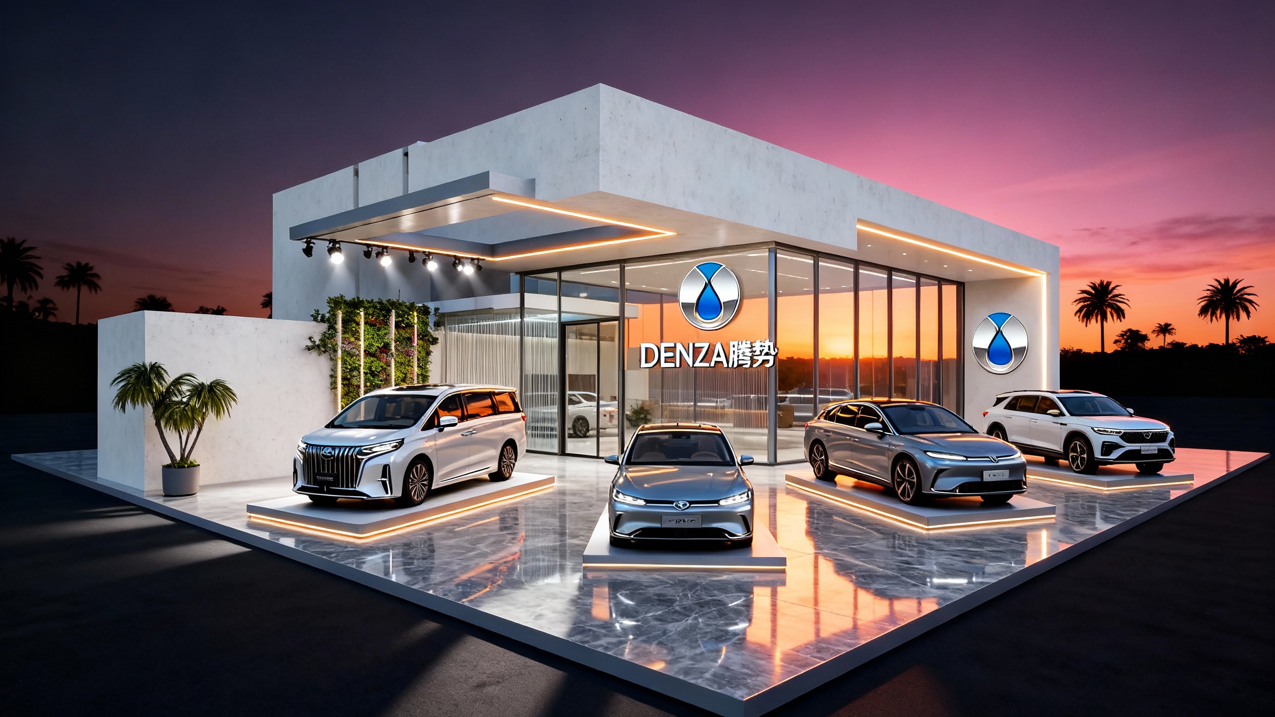 AI generated image using SEEDREAM: Photorealistic 3D architectural rendering, modern minimalist Denza car exhibitio...