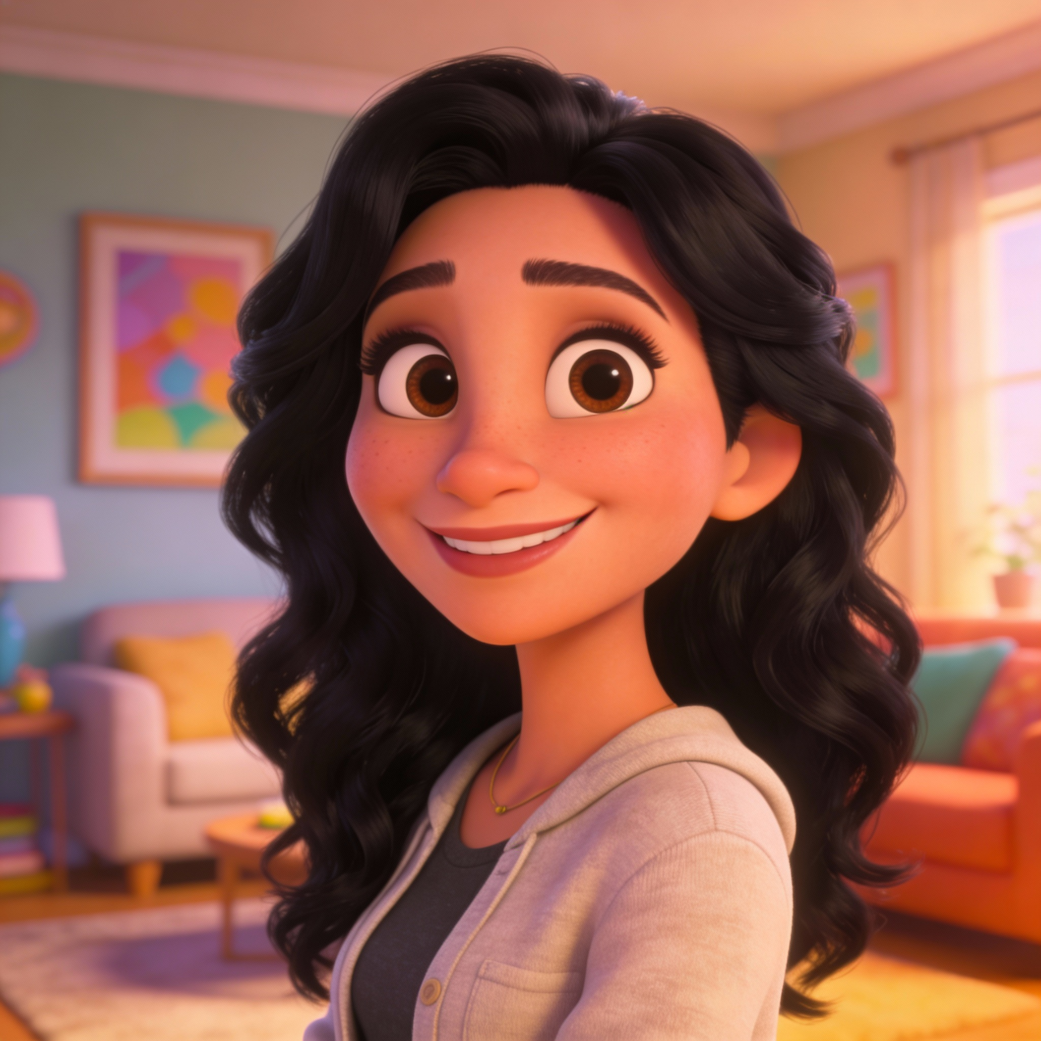 AI generated image using SEEDREAM_4_5: Show animated 3D cartoon mom- smiling in a living room background. Show portrait...