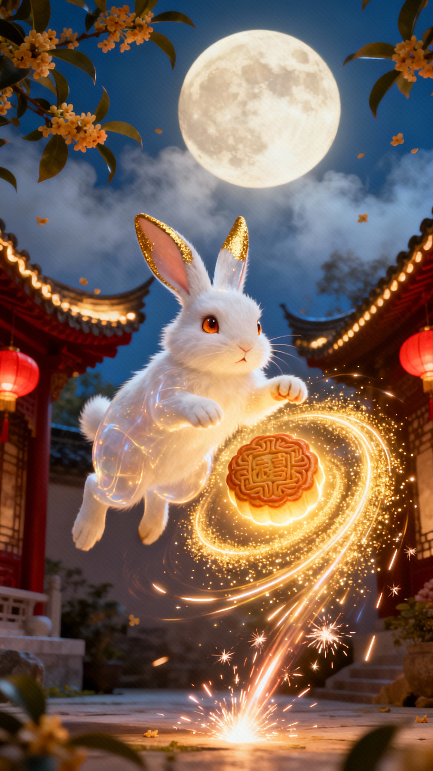 AI generated image using SEEDREAM_4: 统一风格前缀：3D动漫电影质感，暖月色调，金色粒子特效；主体：玉兔——雪白半透明绒毛、耳尖微金光、琥珀眼、轻盈灵动；场景：中式庭院、圆月高悬、薄雾与桂花飘落、红...