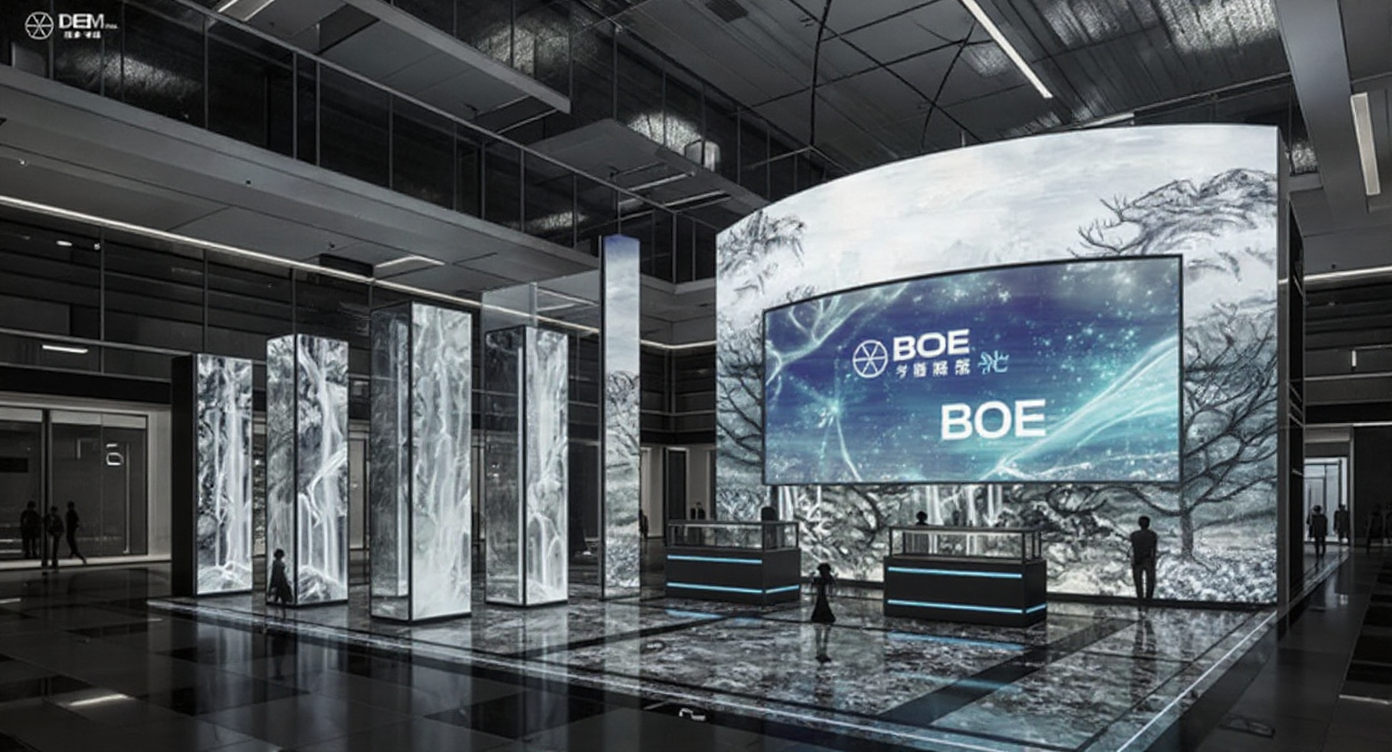 AI generated image using FLUX: Photorealistic 3D exhibition rendering, BOE (Beijing Oriental Electronics) techn...
