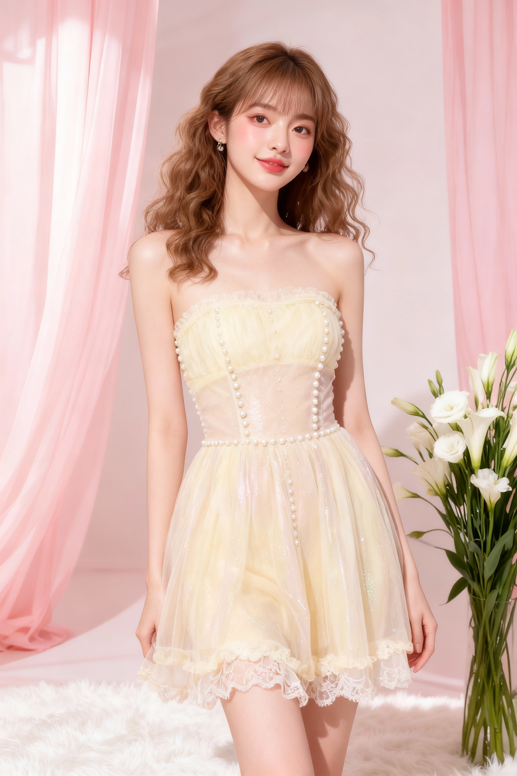 AI generated image using SEEDREAM: An East Asian sweet girl, around 20 years old, standing pose; light brown curly ...