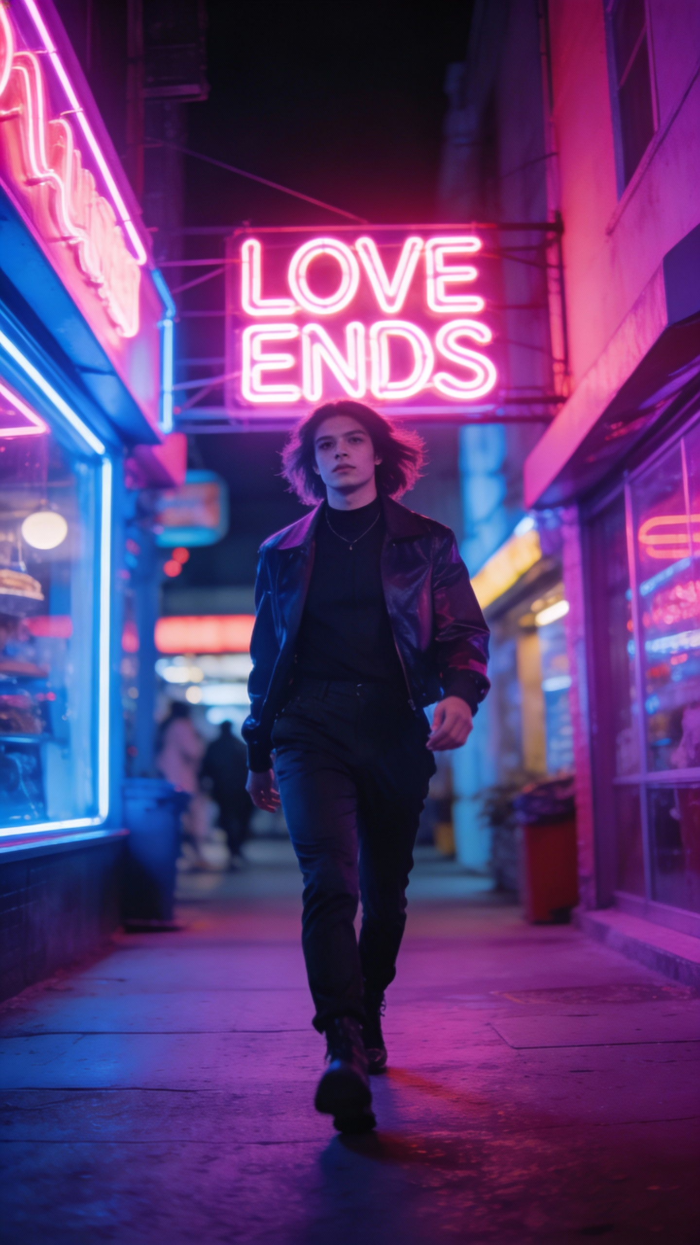 AI generated image using SEEDREAM_4_5: aesthetic night city, neon lights, confident energy, ironic breakup vibe, walkin...