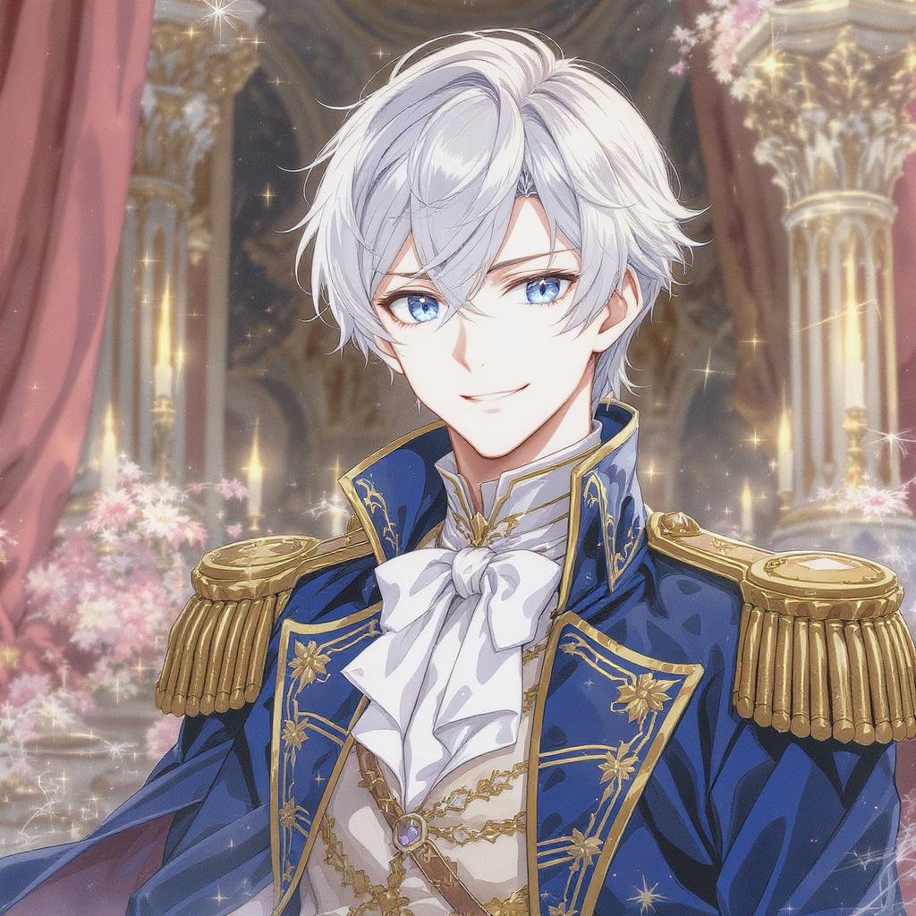 AI generated image using FLUX: Character Traits: Silver hair, blue eyes, handsome male, gentle smile, delicate ...