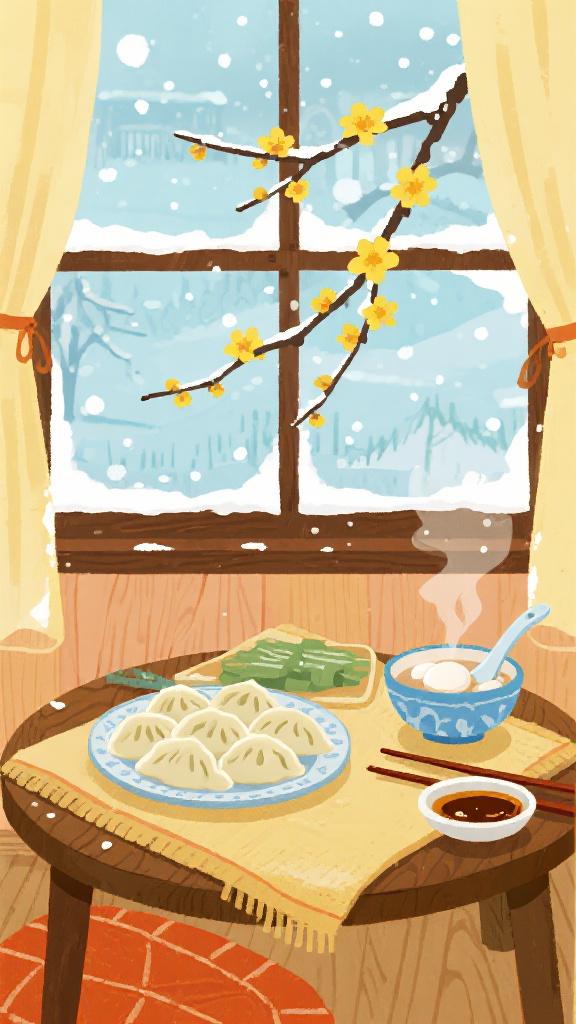 AI generated image using DREAMINA: 中国冬至室内温馨场景，温暖明亮的房间，木质窗台摆放着一盘刚出锅的饺子、一碗汤圆，装汤圆的碗里有勺子，旁边有筷子和蘸料，饺子冒着热气；窗外是飘雪的冬季，窗外有开着...