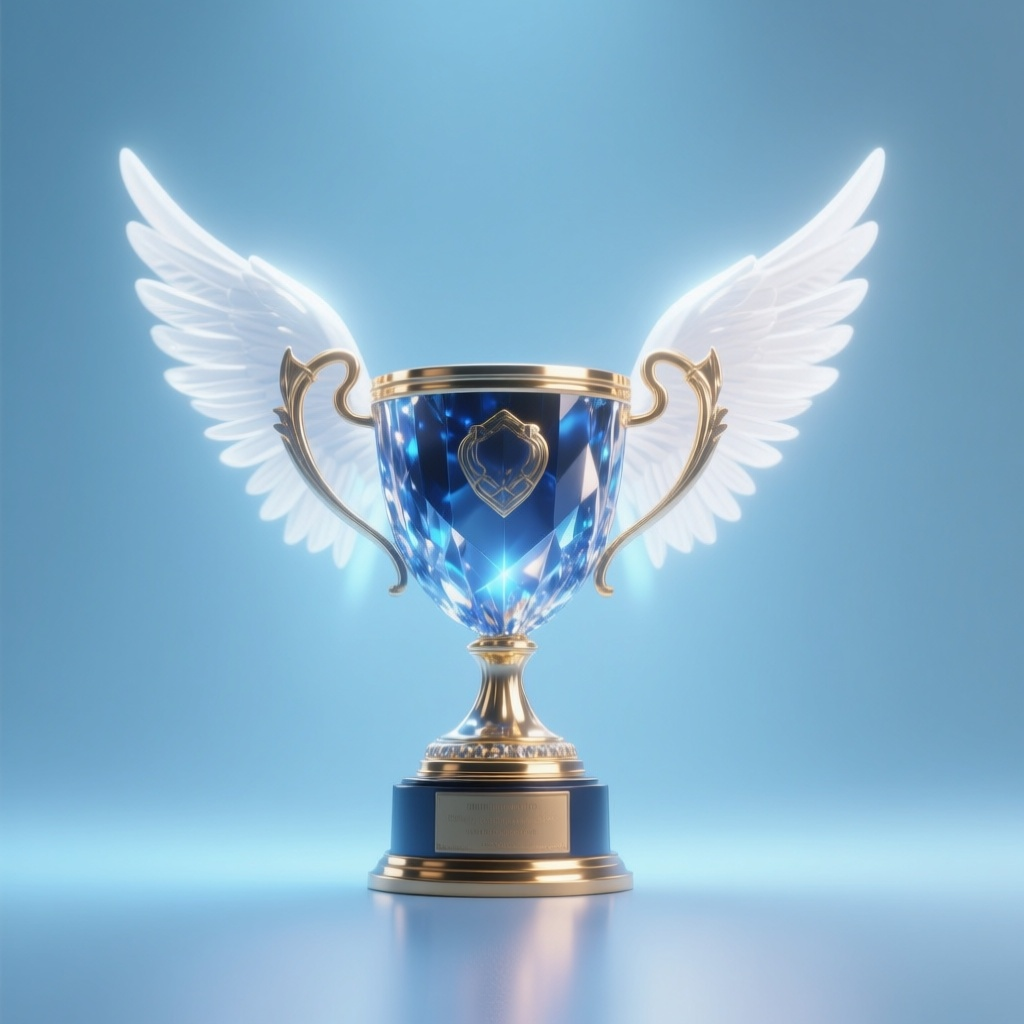 AI generated image using QWEN: Illustration of a tournament trophy, light blue background. Front and center, th...