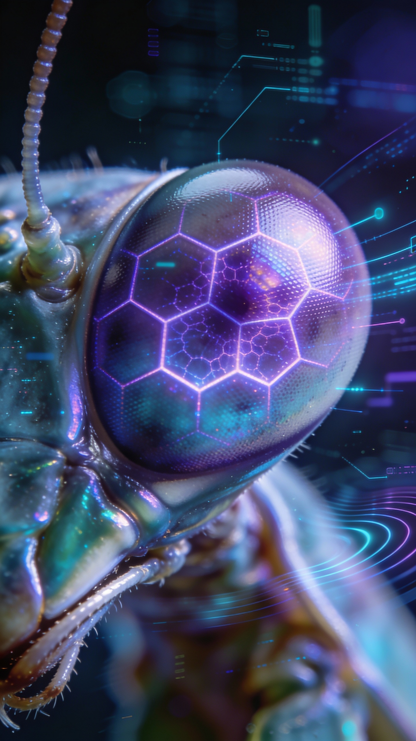 AI generated image using SEEDREAM_4_5: Extreme close-up of mantid compound eye reflecting ultraviolet patterns, hologra...