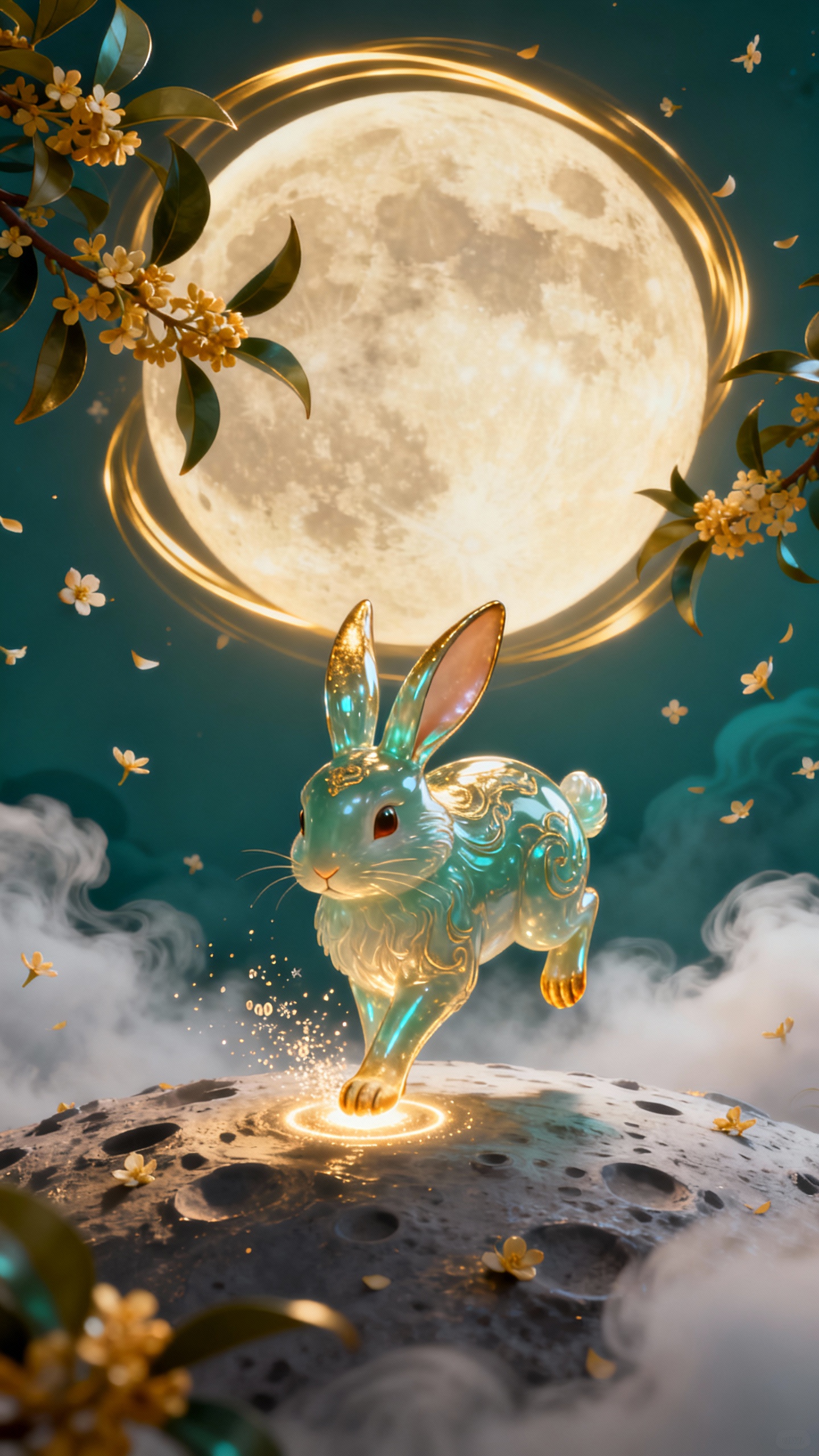 AI generated image using SEEDREAM_4: 3D anime style + glass texture + celadon gold tones + flowing light effects] Jad...