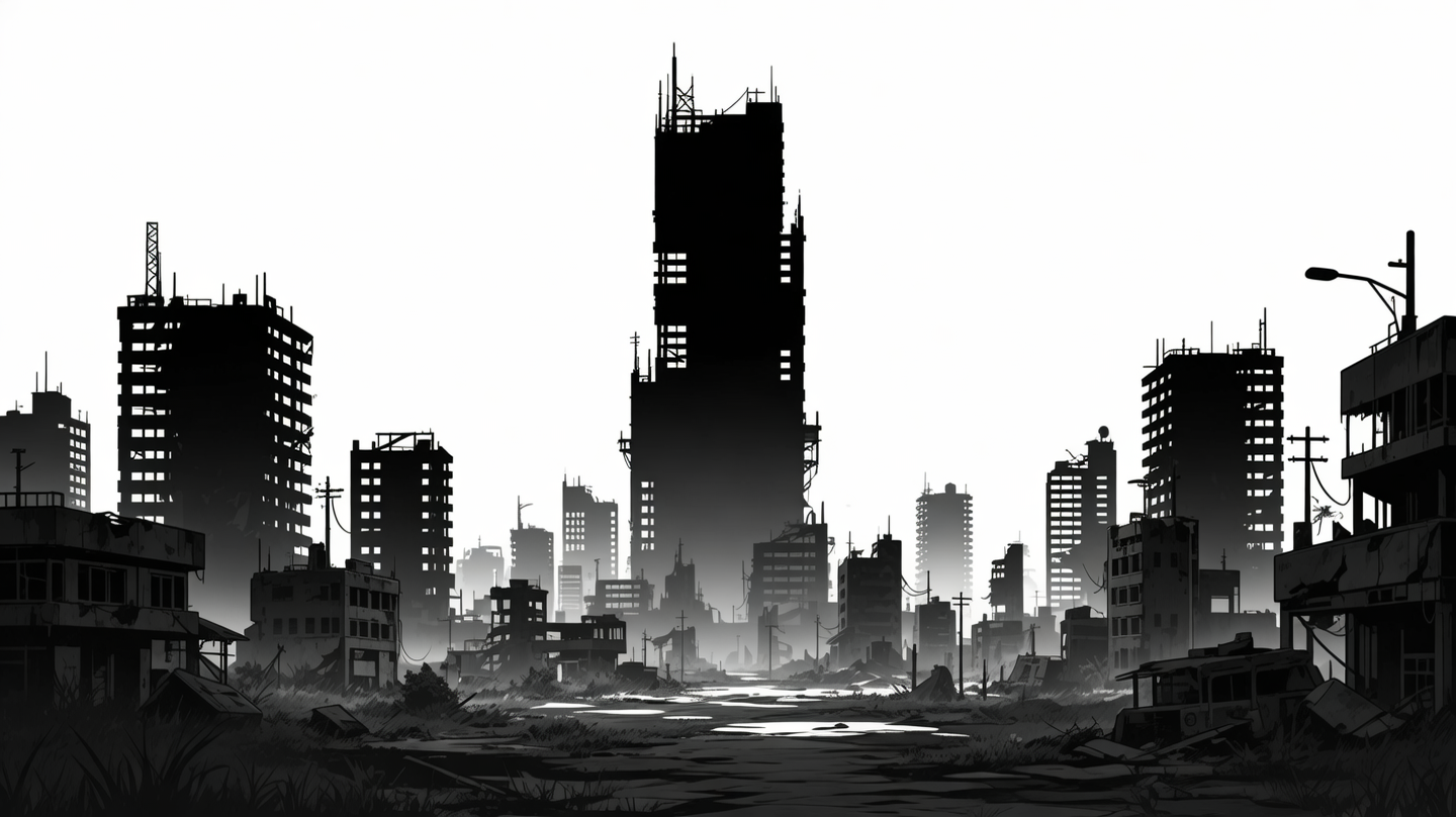 AI generated image using WAN_2_5: Anime/ACG game style silhouette of an abandoned city, post-apocalyptic feel, hig...