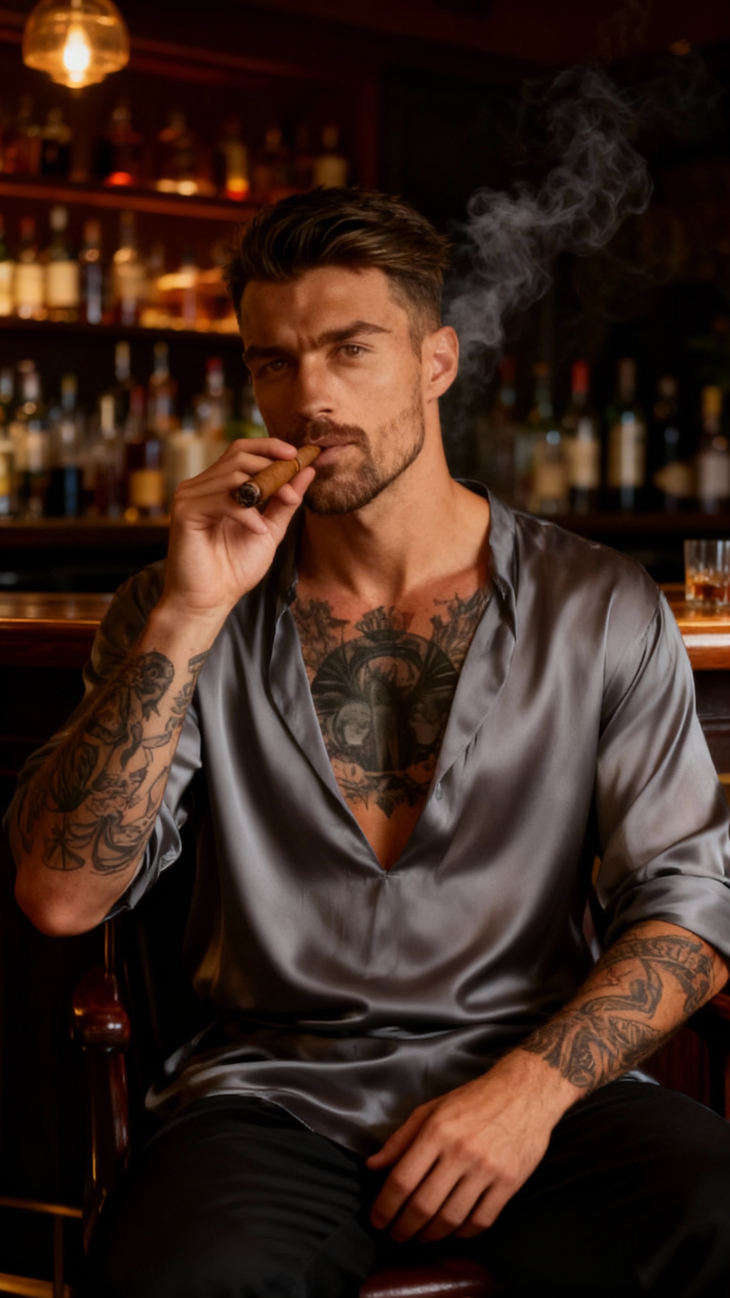 AI generated image using SEEDREAM: Generate an image of this person sitting at a quiet bar, wearing a gray silk top...