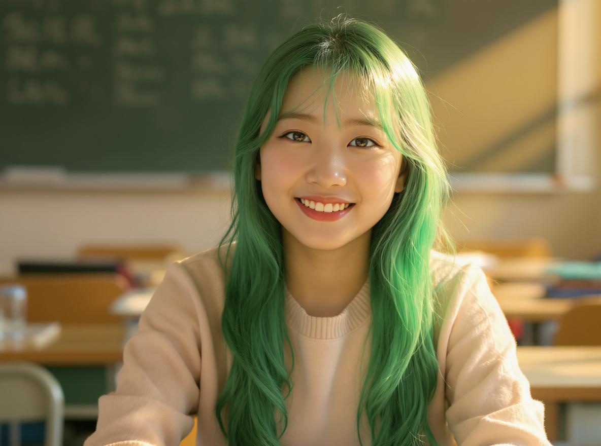 AI generated image using FLUX: A scene in a university specialized classroom. A girl with flowing, blue-green h...