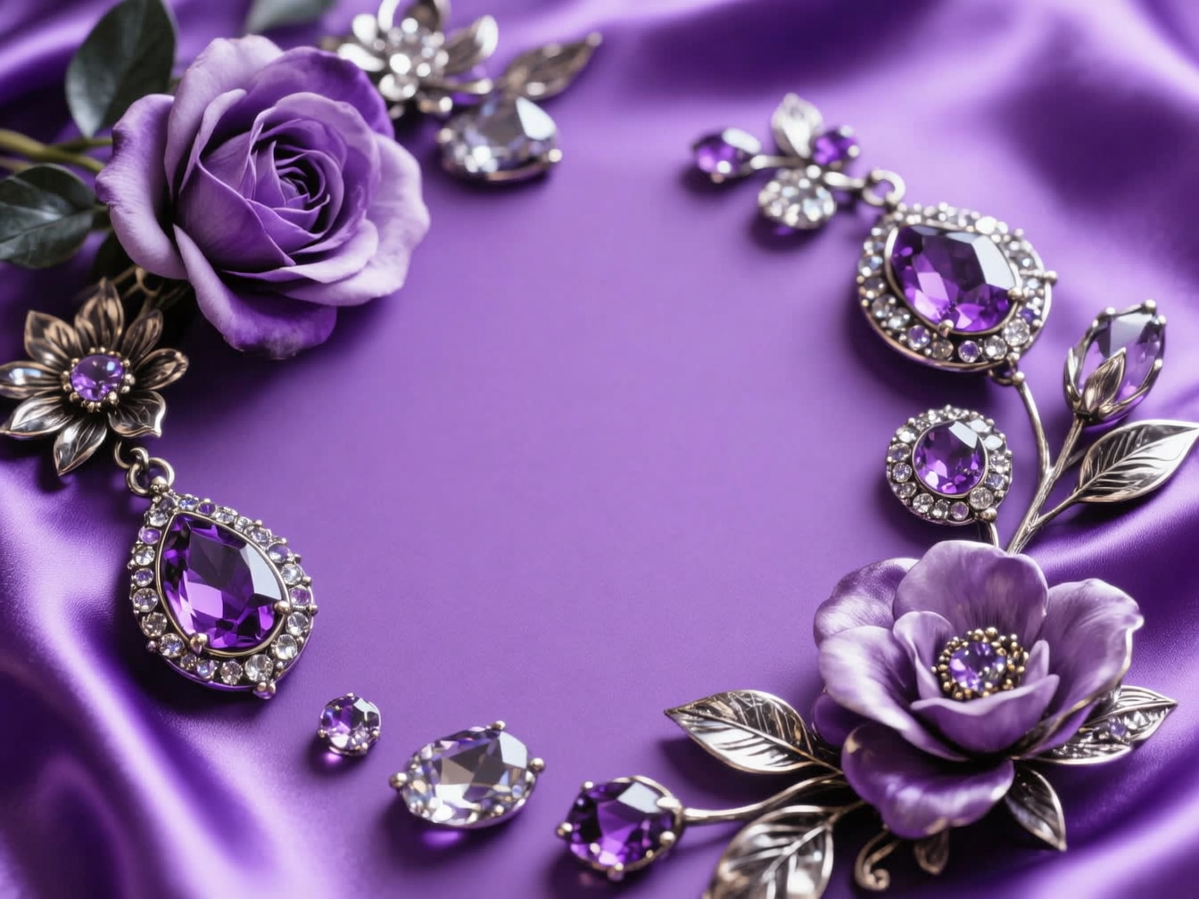 AI generated image using WAN_2_5: A realistic textured image of a purple satin or another flat surface, adorned wi...