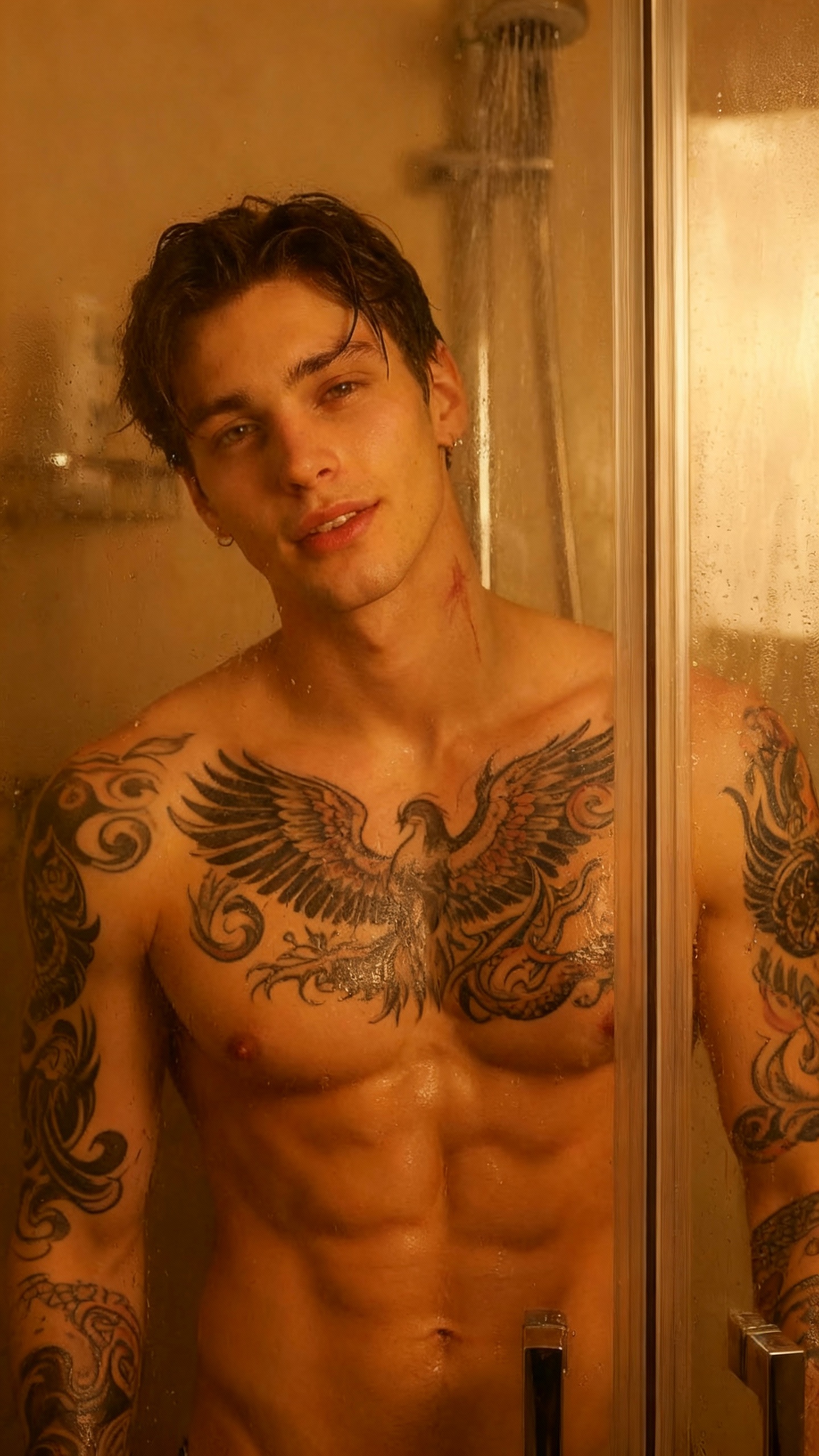 AI generated image using SEEDREAM: Add tattoos to the character's chest and both arms.