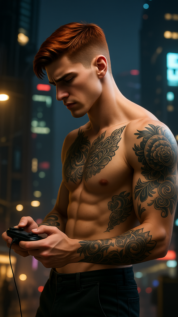 AI generated image using QWEN: Ethan's profile (a corner of his tattoo visible), looking down and playing a gam...