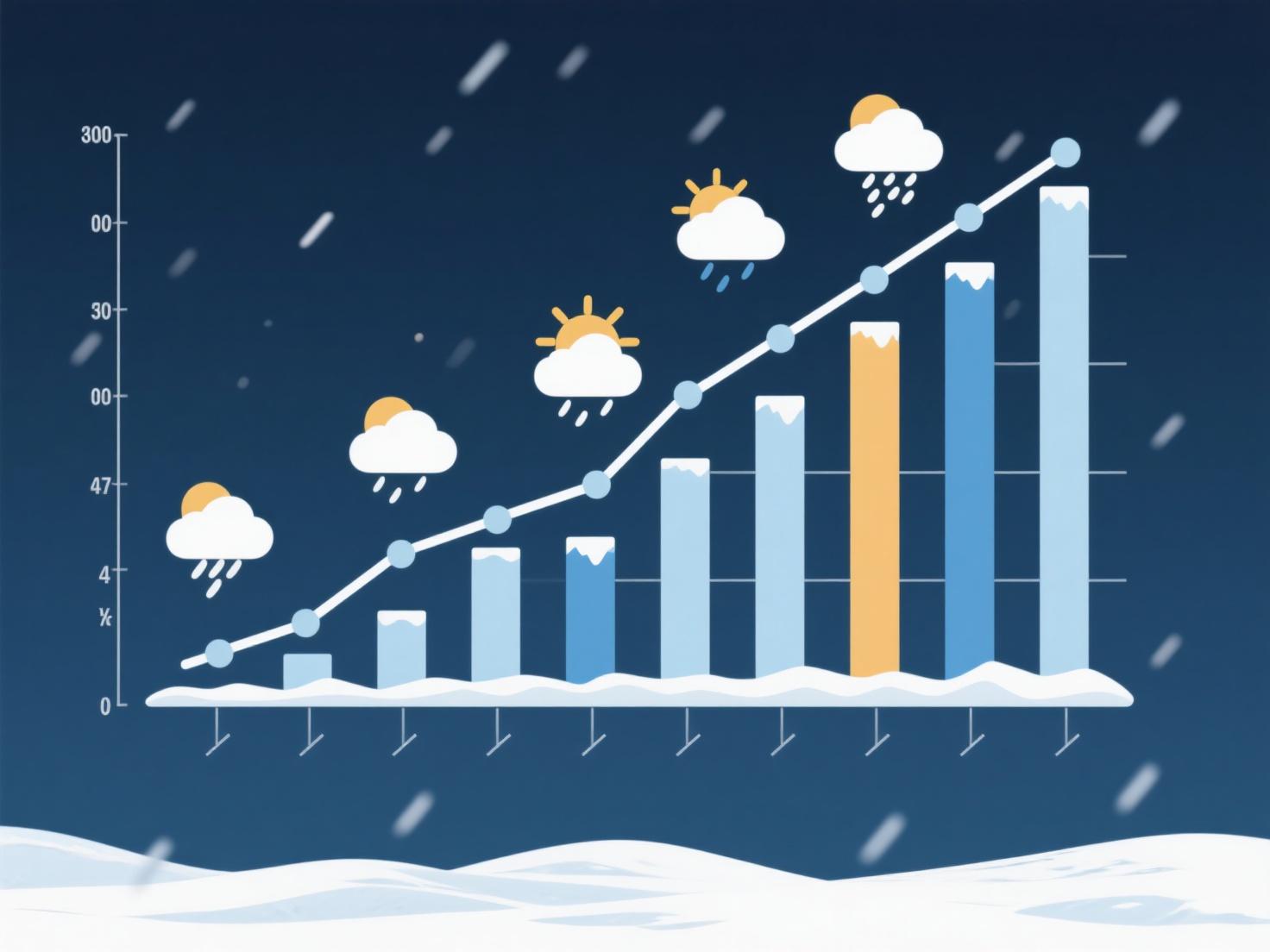AI generated image using DREAMINA_3: Generate a winter weather forecast chart that combines a line graph and a bar ch...
